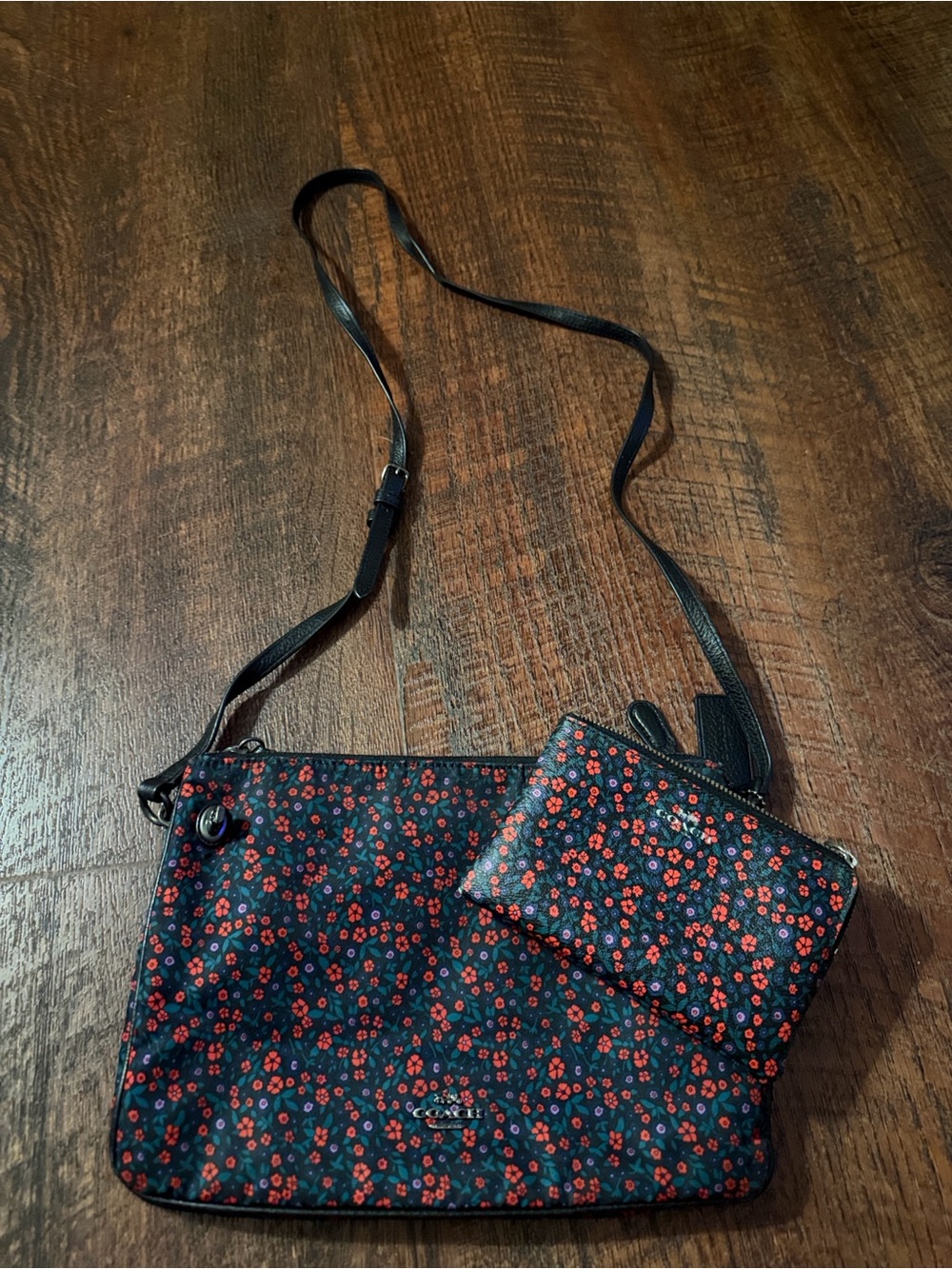 Coach Black Crossbody with Red Floral Print and Matching Pouch